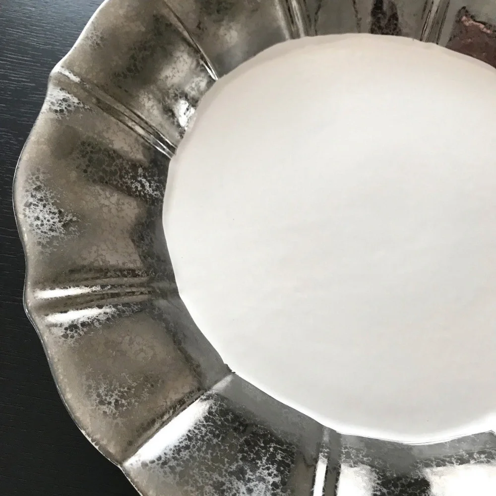 Anthropologie Large Ceramic Serving Bowl Deep Plate White Silver Serveware